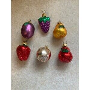 Vtg Lot 6 Fruit Glass Christmas Ornament Set Plum Grape 2 Pears Strawberry Apple